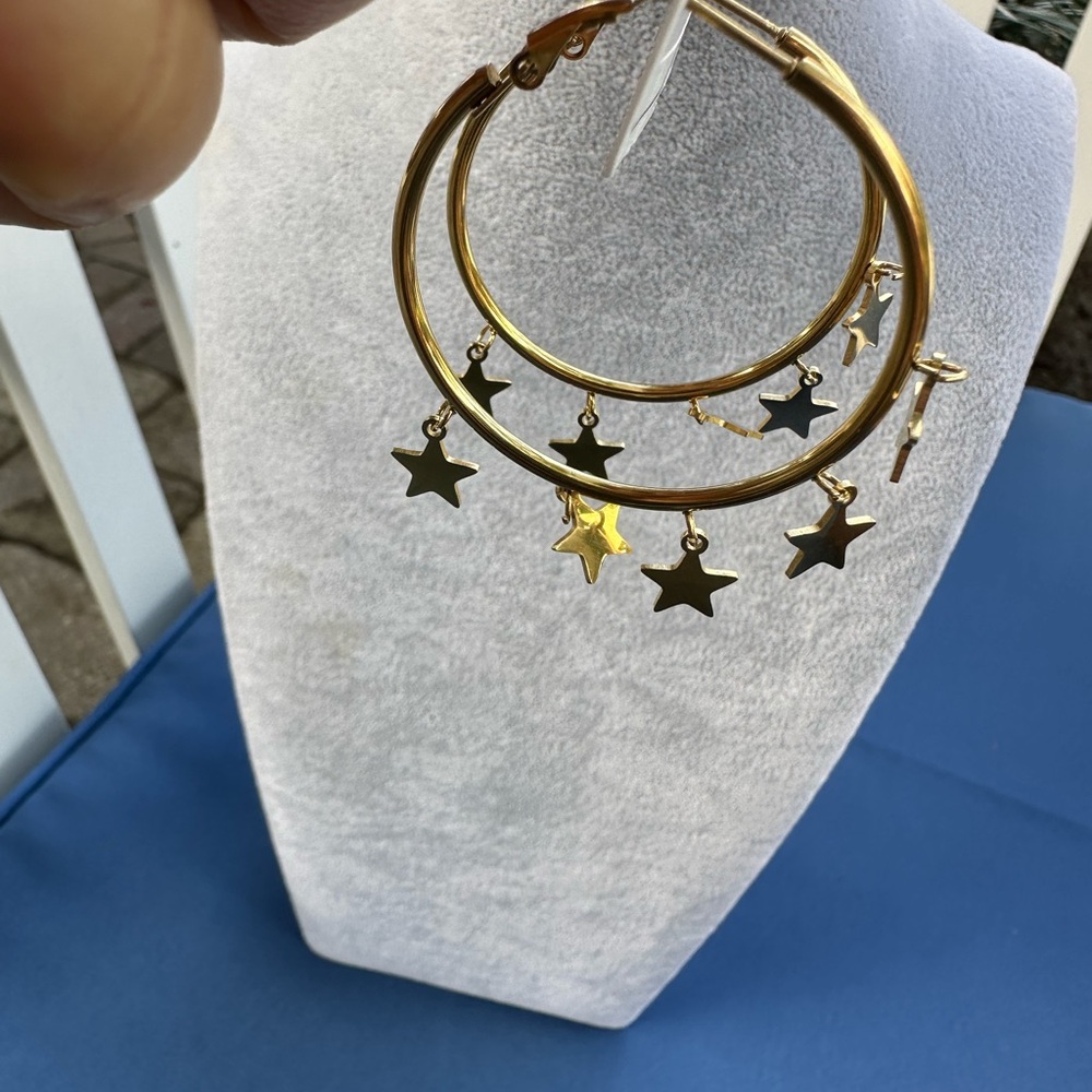 New Stainless Steel Gold Star Hoop Earrings - Picture 5 of 11
